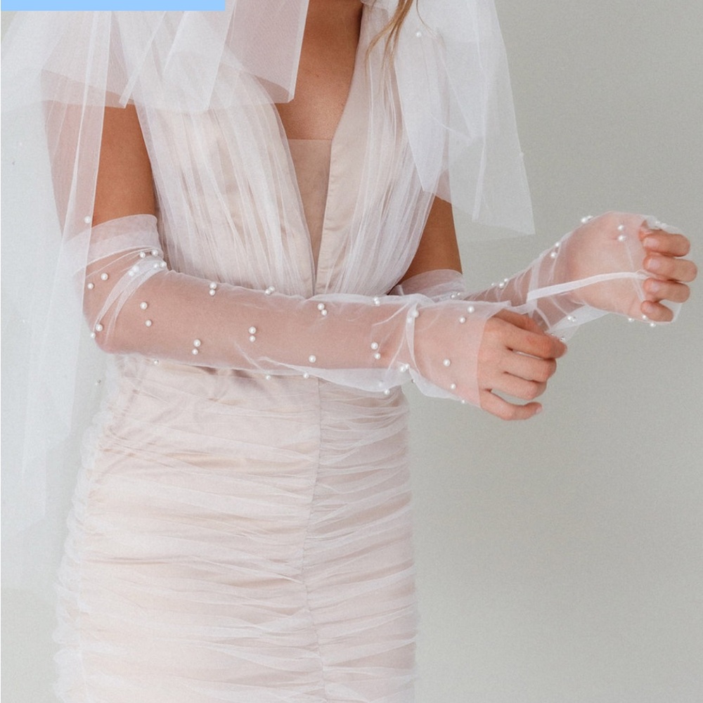 Elegant White Ruched Dress with Sheer Pearl Gloves